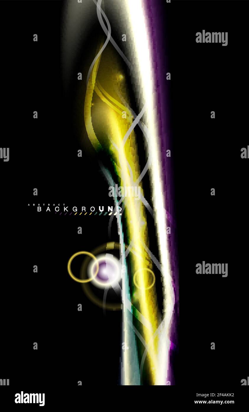 Colore effetti luminosi luminosi sulla forma ondulata multicolore in stile liquido nero. Colore effetti luminosi luminosi sulla forma ondulata multicolore in stile liquido nero. Illustrazione artistica per presentazione, sfondo dell'applicazione, banner o poster, design geometrico Illustrazione Vettoriale