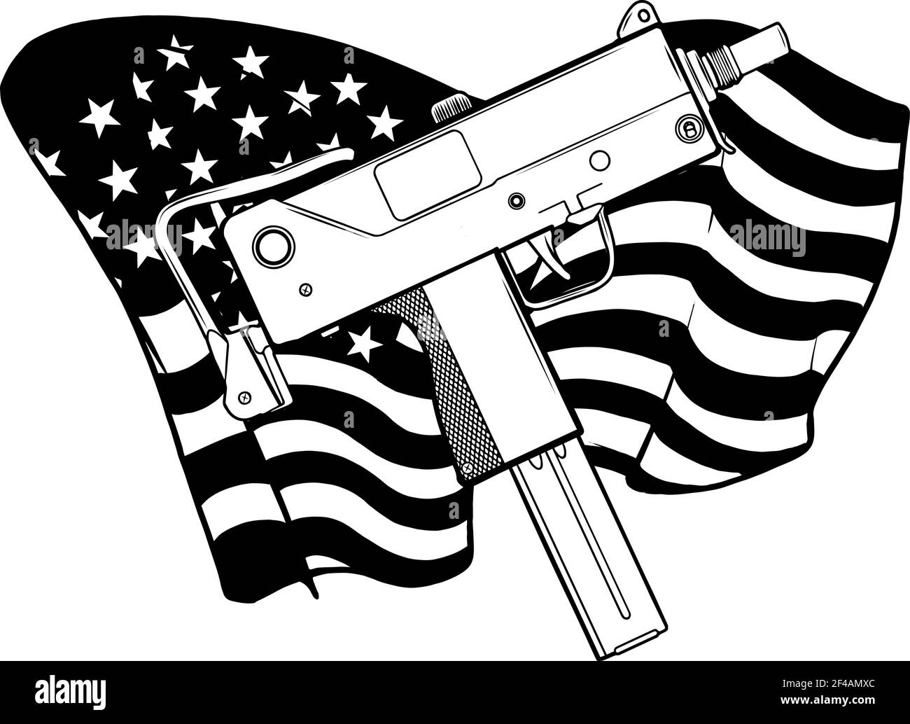 Pesca in bianco e nero di Uzi armi con ameican illustrazione del vettore di flag Illustrazione Vettoriale
