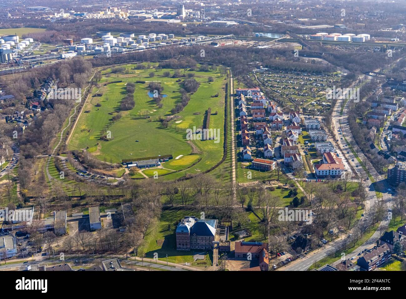 Vista aerea, campo da golf e Golf Club GC Schloss Horst GmbH, Horst, An der Rennbahn, Gelsenkirchen, zona Ruhr, Renania Settentrionale-Vestfalia, Germania, Luftb Foto Stock