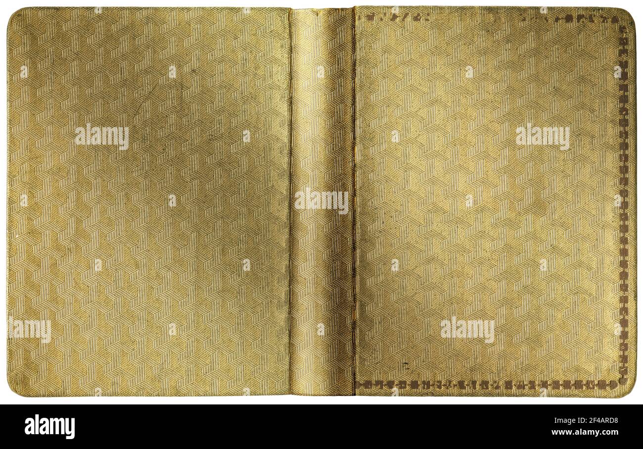 Libro aperto d'epoca o copertina del diario - splendida tela dorata goffrata con inusuale motivo geometrico astratto, dettagli perfetti Foto Stock