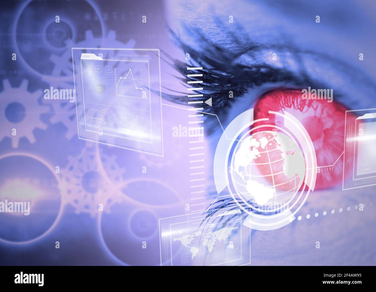 Interfaccia digitale con elaborazione dei dati a fronte di un primo piano di donne occhio umano Foto Stock