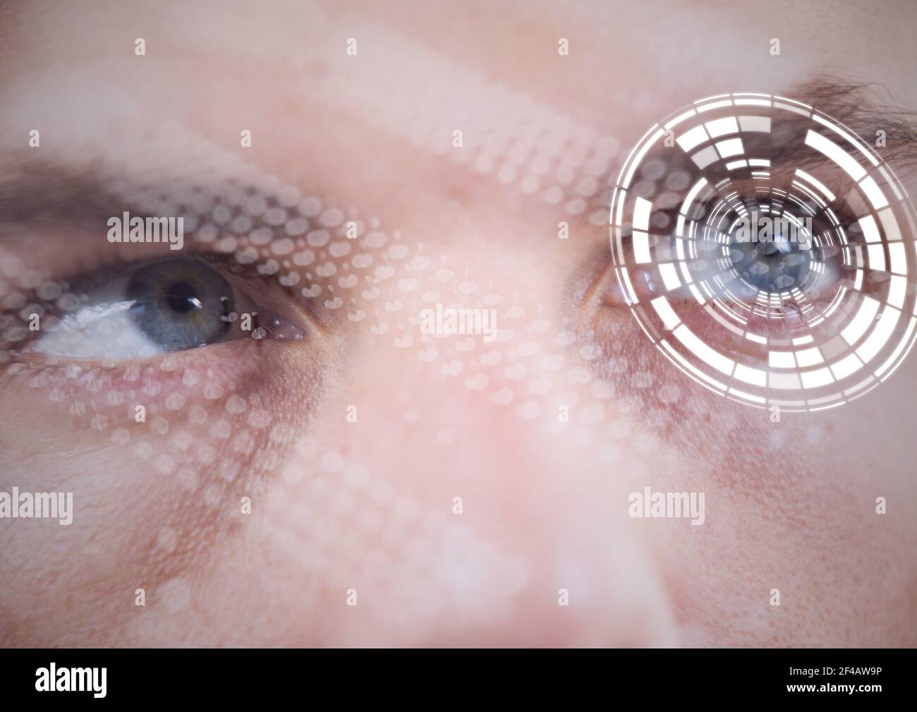 Immagine composita digitale dello scanner rotondo a fronte di un primo piano di occhi umani maschi Foto Stock