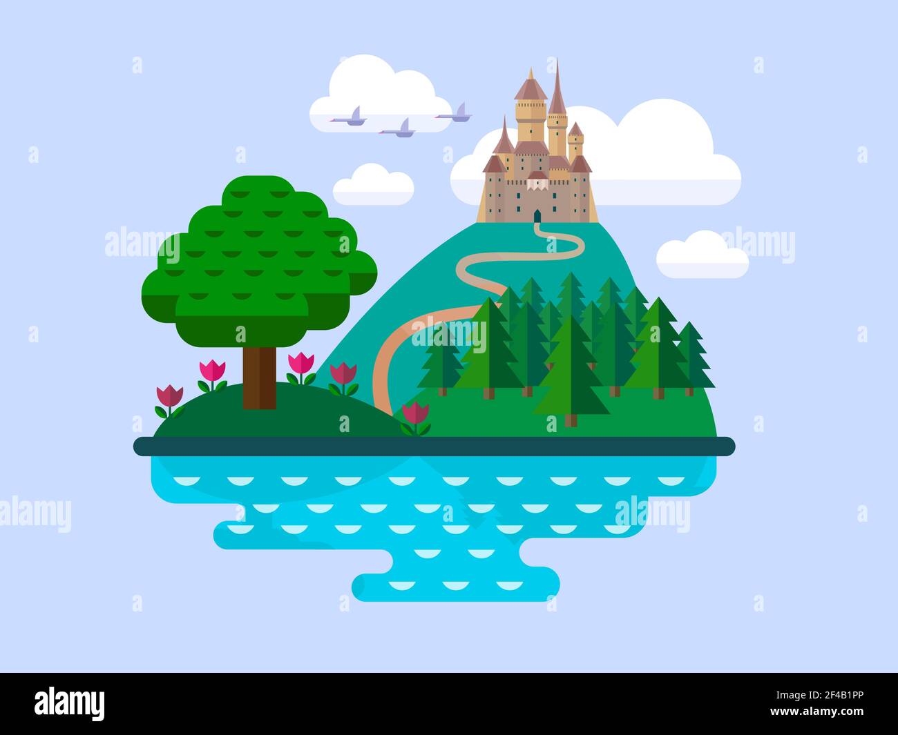 Vettore piano paesaggio con castello colline alberi e il fiume. Illustrazione Vettoriale
