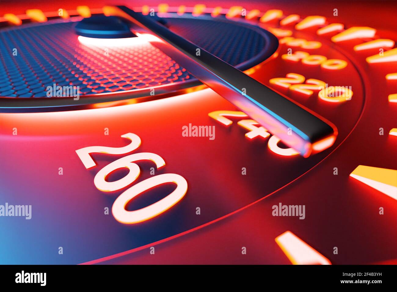 Illustrazione 3D primo piano pannello nero per auto, tachimetro luminoso digitale in stile sportivo sotto la luce rossa al neon. L'ago del tachimetro indica la velocità massima Foto Stock