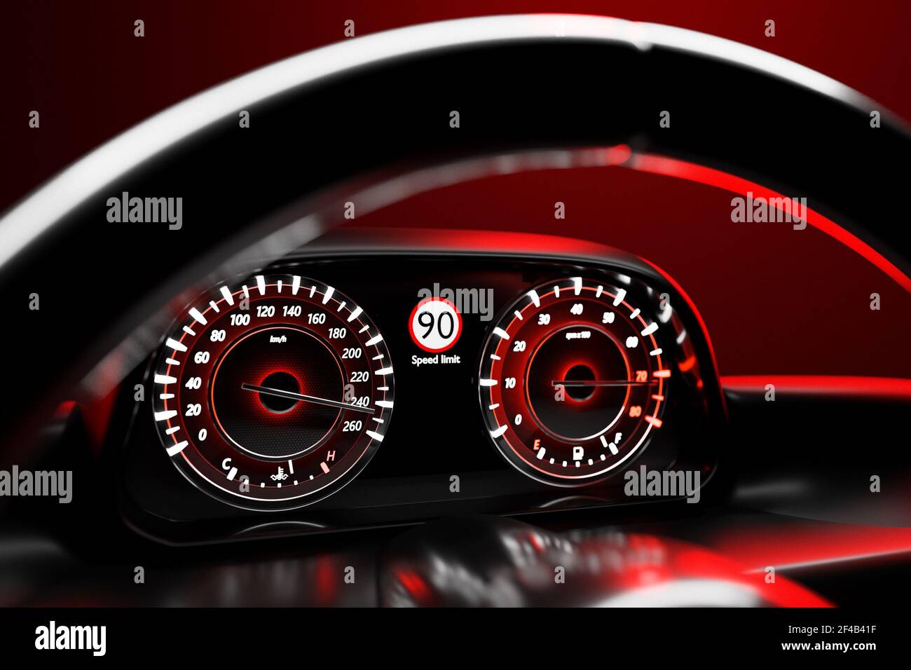 Illustrazione in 3D dei dettagli interni della nuova vettura. Il tachimetro indica una velocità massima di 240 km h, il contagiri con retroilluminazione rossa. Design e interni di Foto Stock
