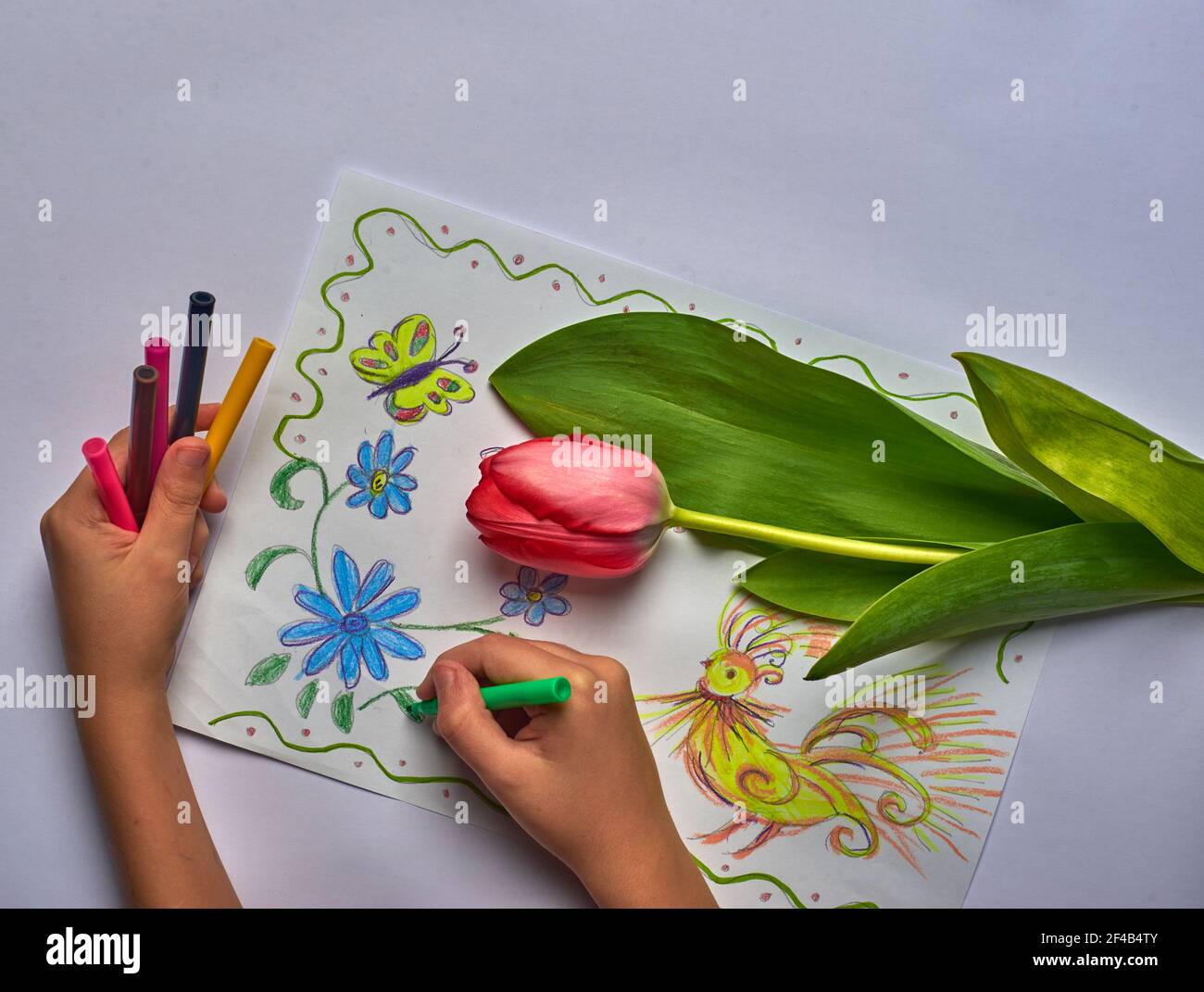 tulipano rosso e disegno primaverile per bambini con penne in feltro white paper Foto Stock