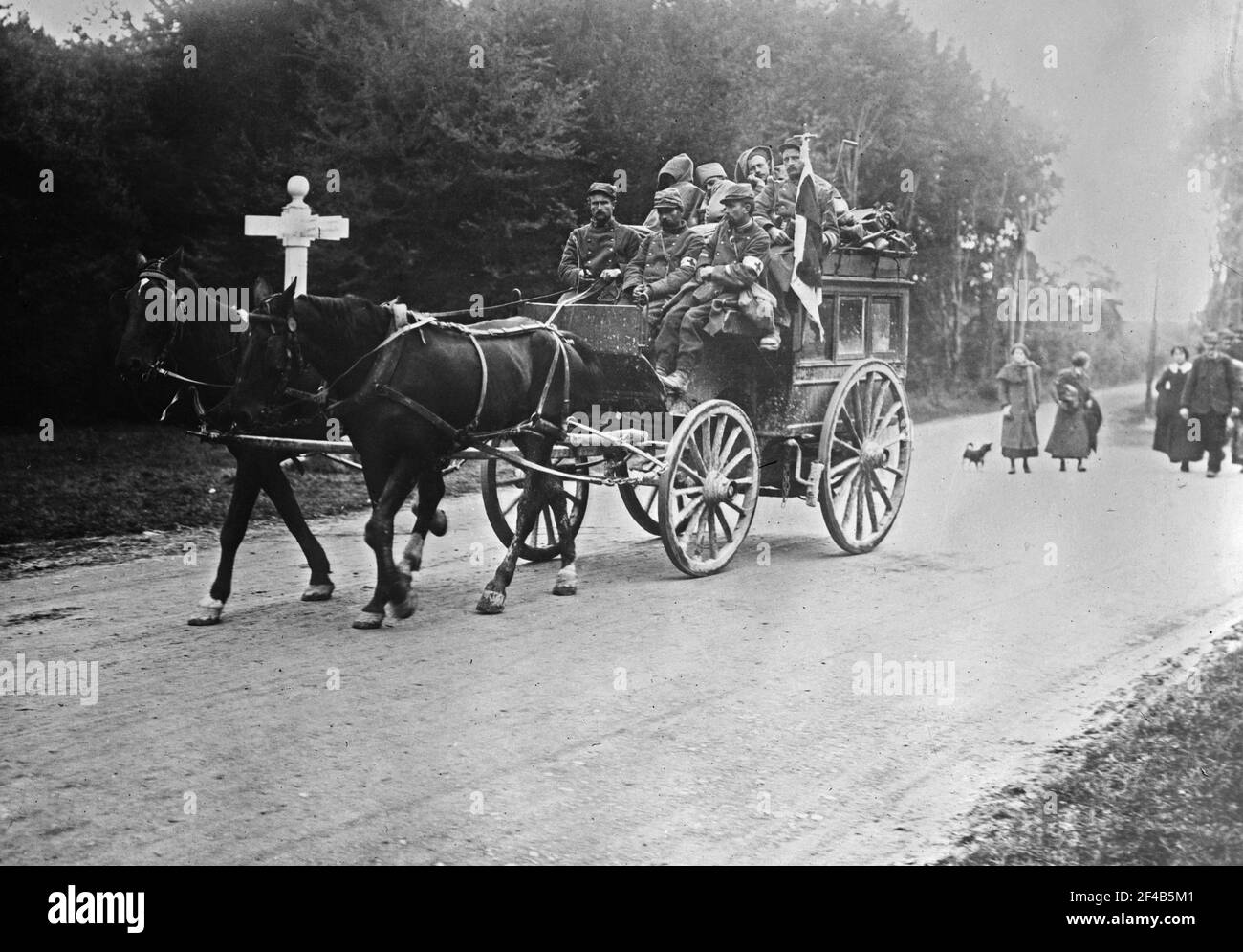 Ambulanza a cavallo che trasporta soldati feriti nella foresta di Laigne, Francia durante la prima guerra mondiale ca. 1914 Foto Stock