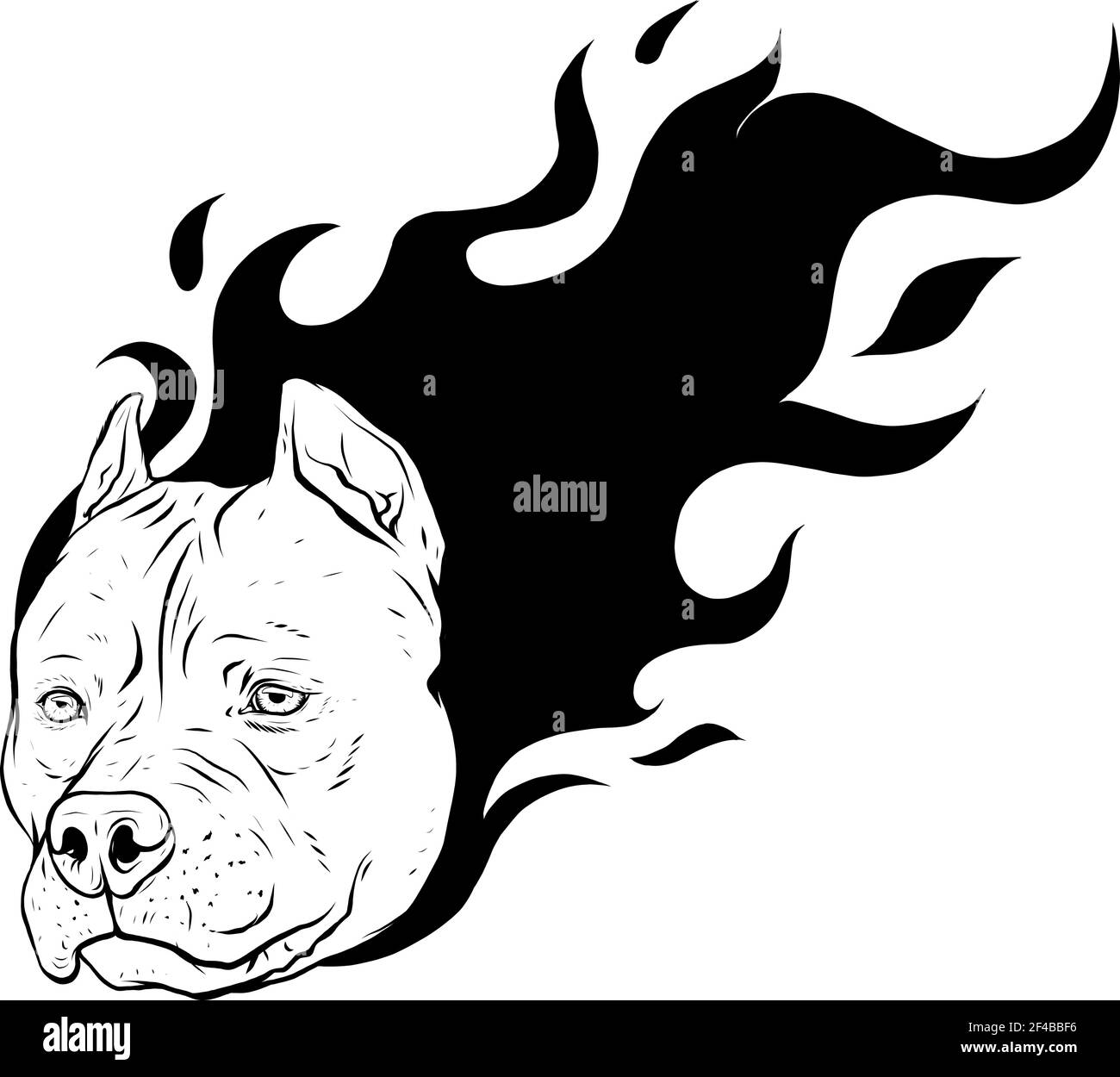 disegnare in bianco e nero della testa del pitbull del cane con vettore di fiamme Illustrazione Vettoriale
