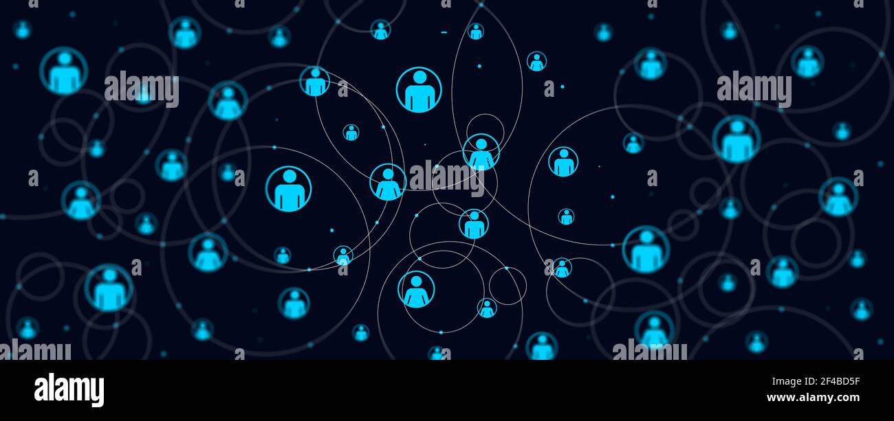 Connessione di rete umana e comunicazione astratta. Sfondo blu scuro, pattern persone avatar connessi tra loro da cerchi di linea, collegare persone Foto Stock