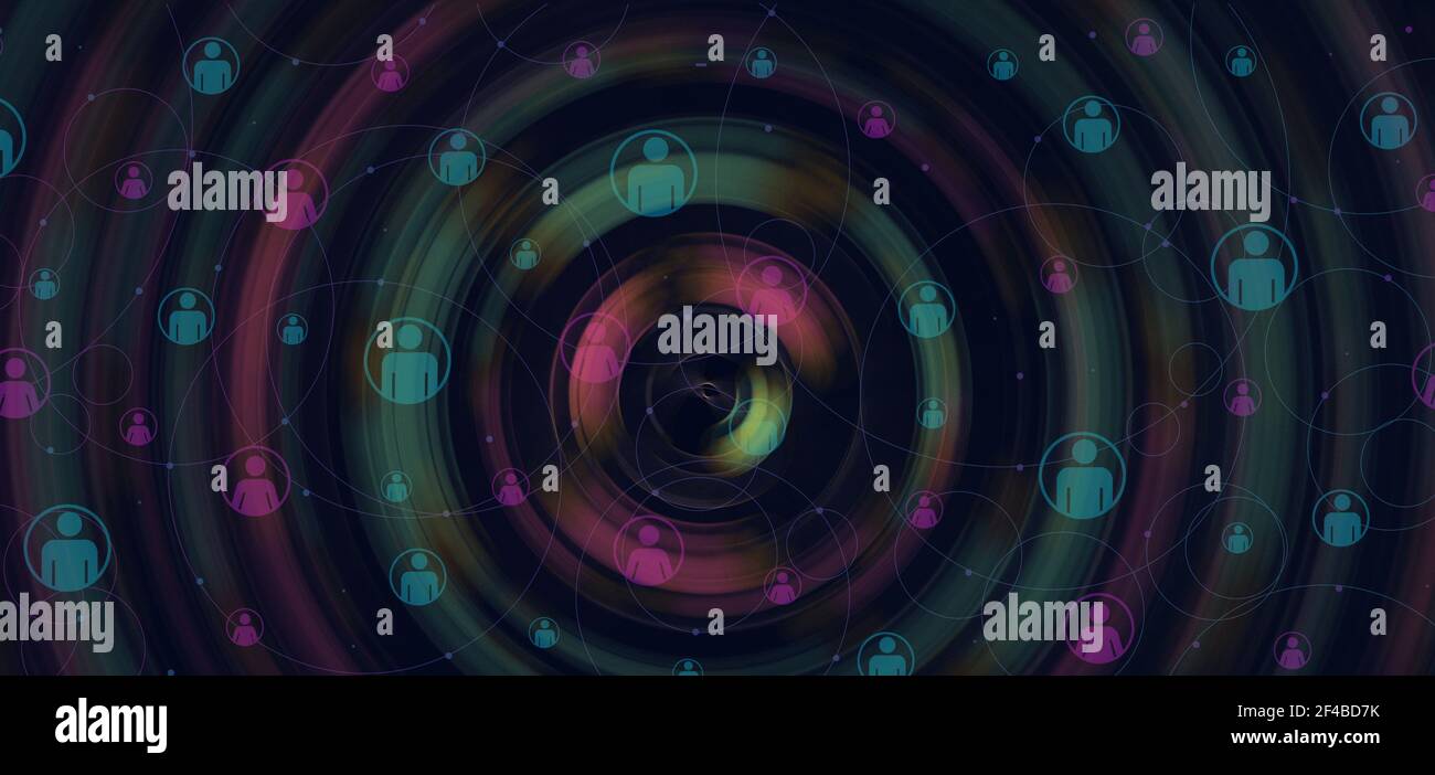 Rete umana in vortice sfondo circolare. Cerchi colorati che rotola, uomini donne avatar, rete di connessione. Sfondo a rotazione Foto Stock