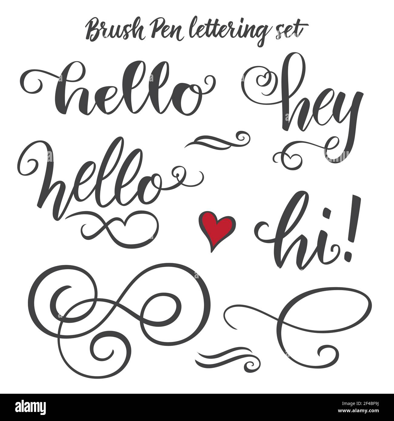 Fiorire calligrafia con pennello penna tratto di parole ciao, hi e hey. Illustrazione del set vettoriale della decorazione di Flourish. Illustrazione Vettoriale
