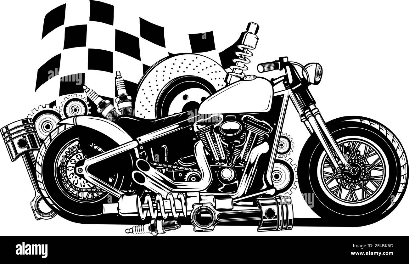 Pesca in bianco e nero di Vector Motorcycle con parti di ricambio e bandiera di gara Illustrazione Vettoriale