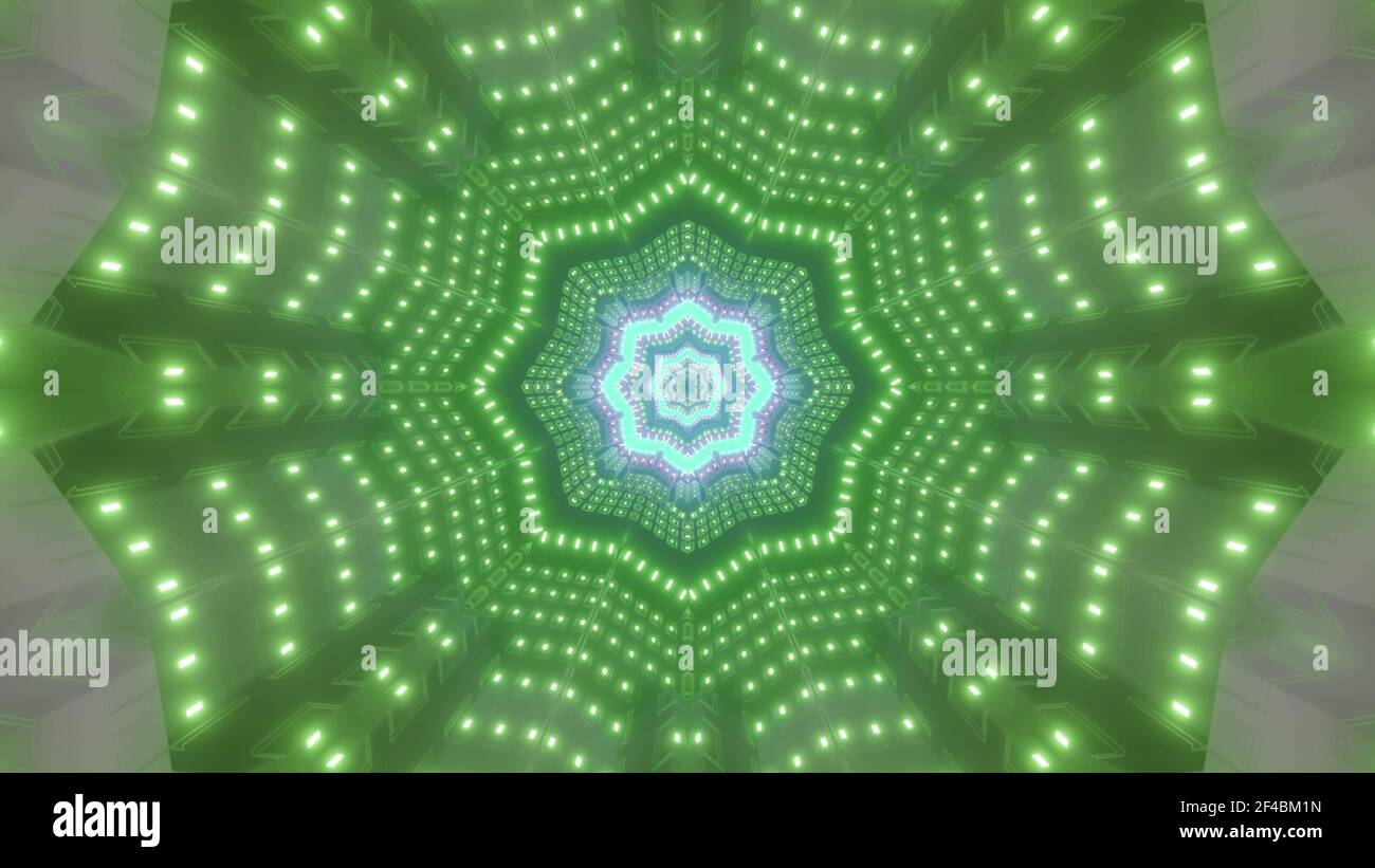 Tunnel a forma di stella verde con lampade illustrazione 3D Foto Stock