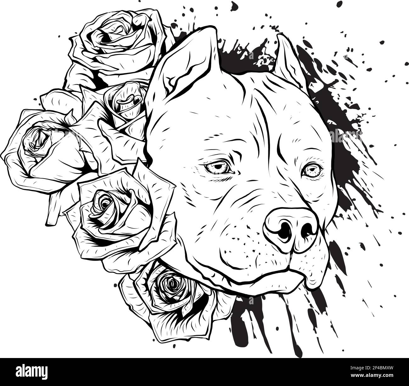 pesca in bianco e nero del cane da testa con le rose illustrazione vettoriale Illustrazione Vettoriale