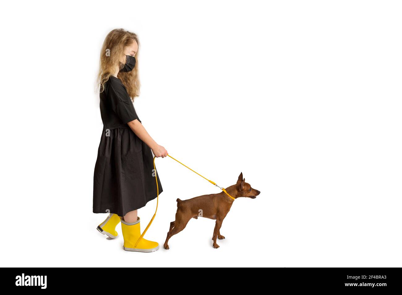 Una ragazza in una maschera antivirale protettiva nera cammina il cane. Nuova realtà della vita durante la pandemia COVID-19. Foto Stock