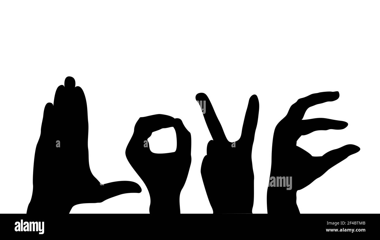 Illustrazione delle mani che fanno la forma della parola amore su sfondo bianco. Illustrazione concetto di amore te 2021. Foto Stock