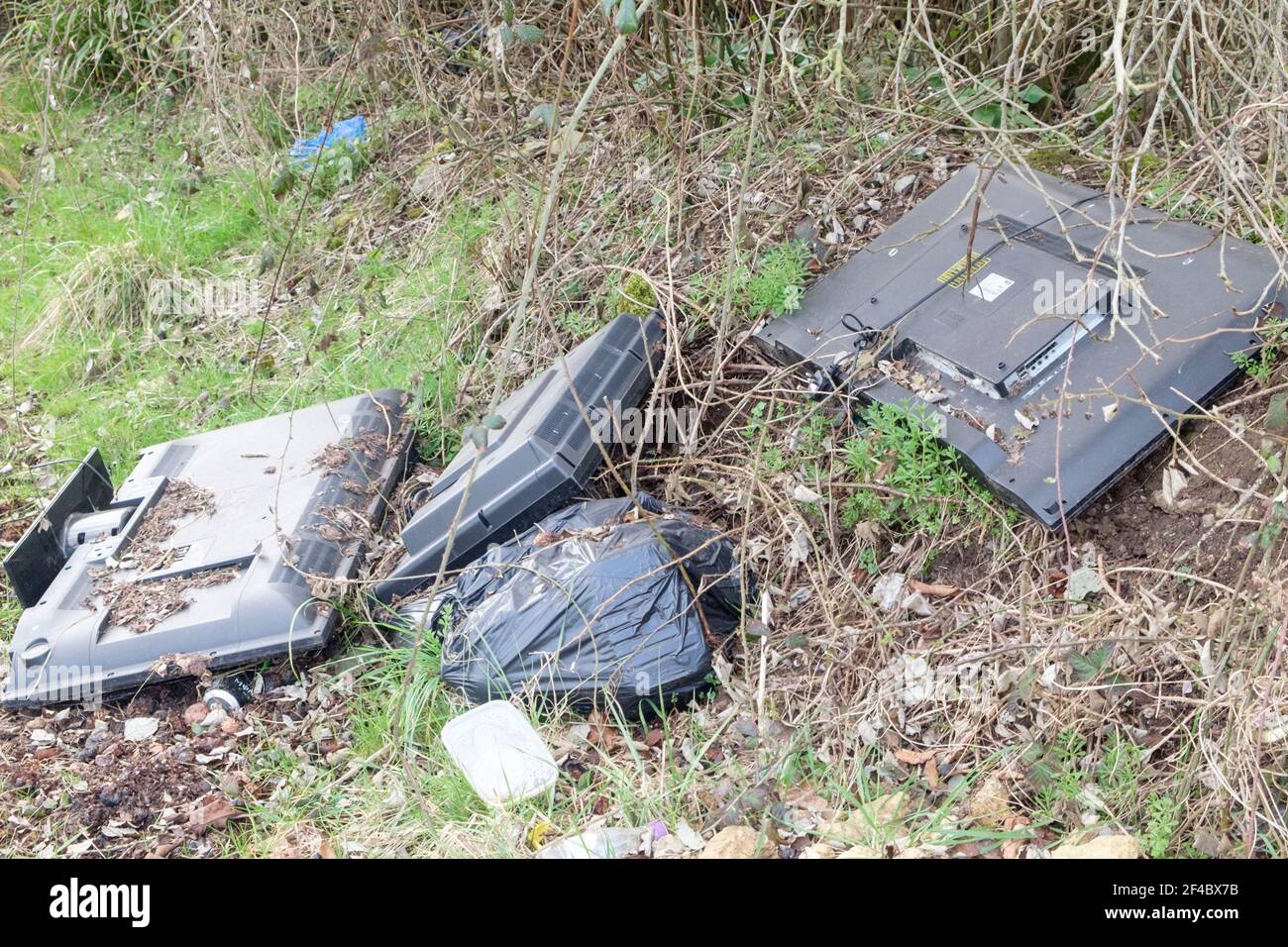 Vola in campagna. Televisori a schermo piatto in dumping. Foto Stock