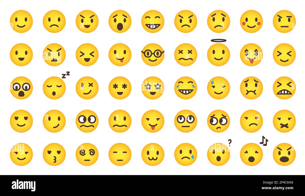 Set emoji carino gradiente Cartoon. Vector flat fumetto giallo emoticon collezione di personaggi isolati su bianco. Umore e sorrisi facciali. Divertente, arrabbiato, felice Foto Stock