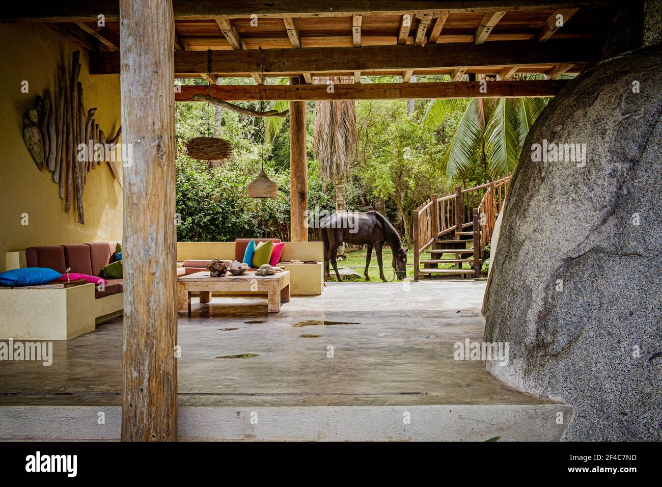 Un cavallo pascola in un ostello sulla spiaggia in Colombia Tayrona National Natural Park (Parque Nacional Natural Tayrona). Foto Stock