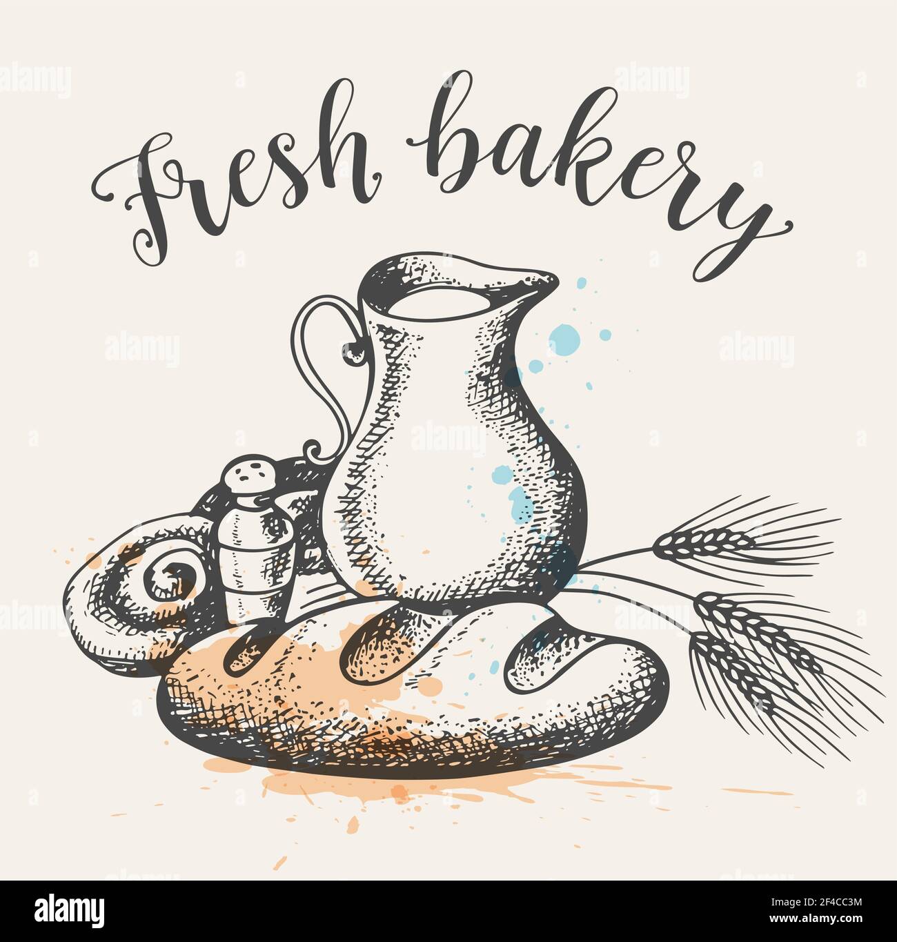 Sfondo Vintage con pane fresco produkts e la brocca del latte. Disegnato a mano illustrazione vettoriale Illustrazione Vettoriale