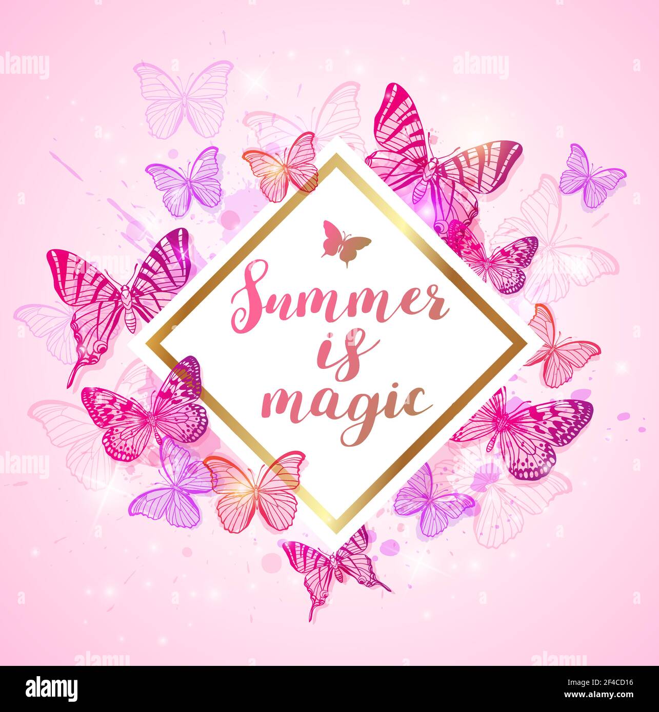 Sfondo estivo con farfalle rosa e viola. L'estate è scritta magica. Sfondo estivo con farfalle rosa e viola. Illustrazione Vettoriale
