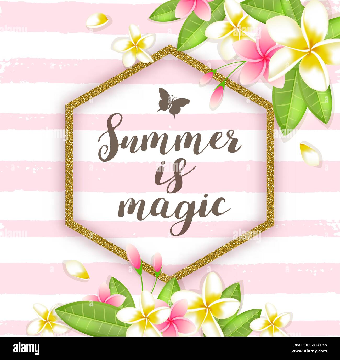 Sfondo tropicale vettoriale floreale estivo con fiori di plumeria, foglie verdi e cornice glitter dorata. L'estate è scritta magica. Fiori tropicali e cornice glitter dorata Illustrazione Vettoriale
