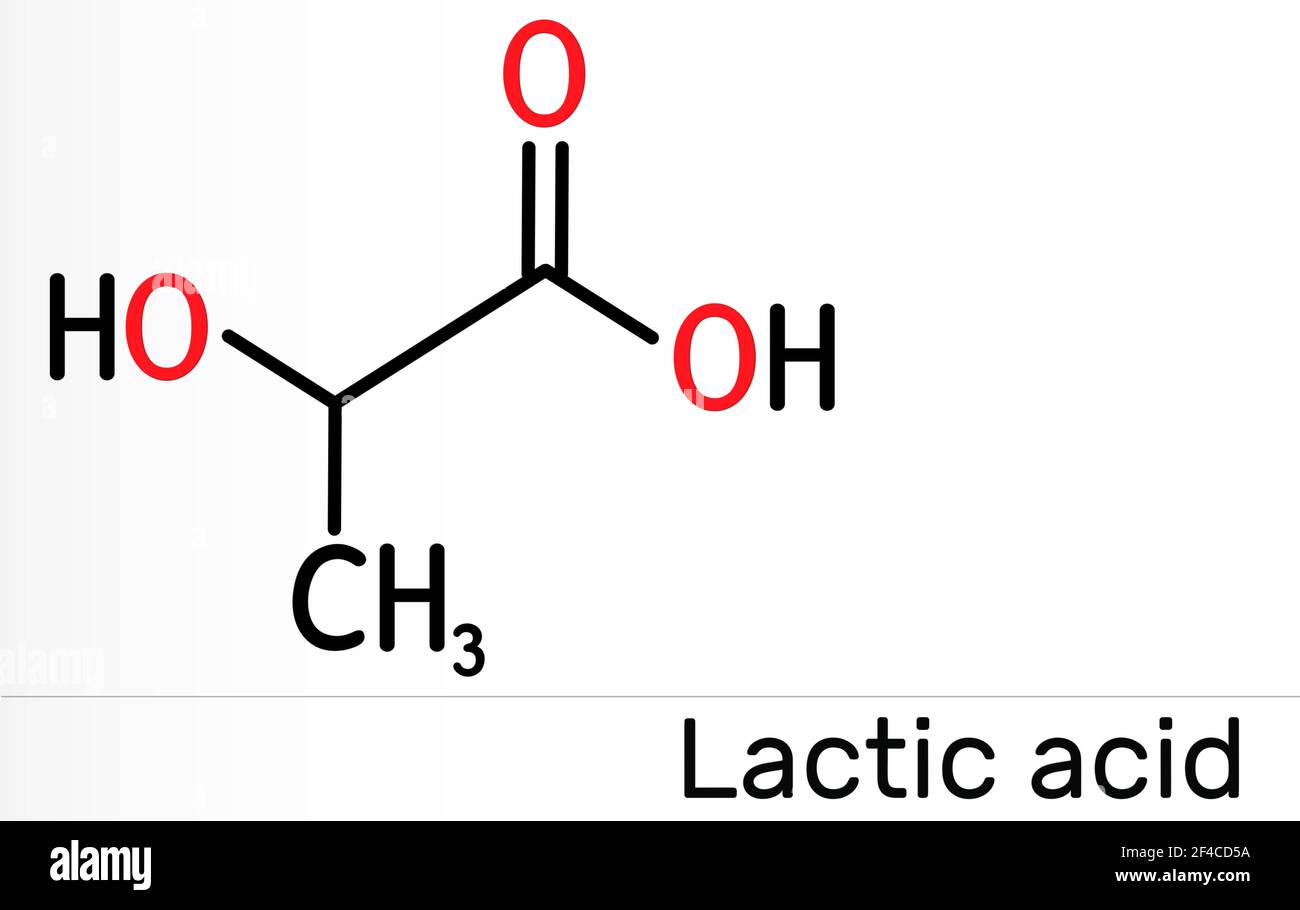 Acido lattico, lattato, zucchero del latte, molecola di C3H6O3. Si tratta dell'additivo alimentare E270 e dell'alfa-idrossi acido AHA. Formula chimica scheletrica. Illustrazione Foto Stock