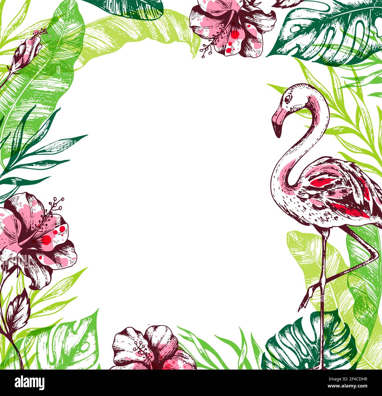 Cornice tropicale floreale estiva con foglie di palma verdi, fiori di ibisco e fenicottero rosa. Piante tropicali su sfondo bianco. Illustrazione vettoriale disegnata a mano. Illustrazione Vettoriale