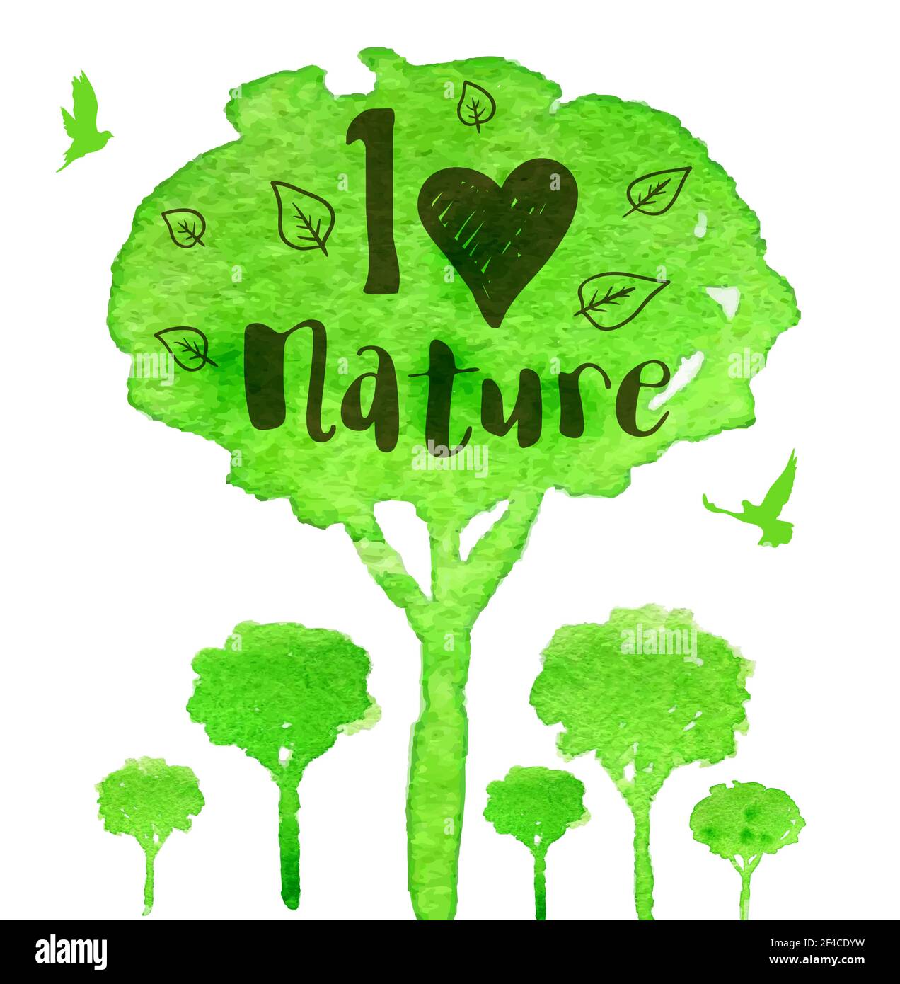 Vettore verde albero ad acquerello e uccelli su uno sfondo bianco. Concetto di ecologia. Amo la natura scritte. Illustrazione Vettoriale