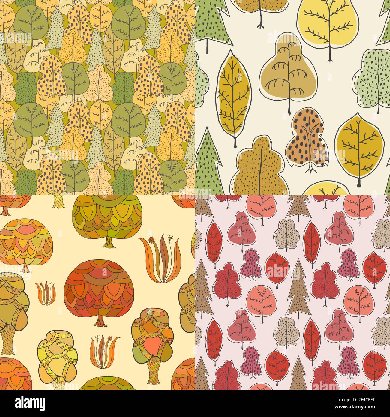 Insieme vettoriale di motivo colorato senza giunture con alberi. Texture con piante, flora, natura. Alberi astratti in stile Cartoon. Illustrazione vettoriale stock Illustrazione Vettoriale