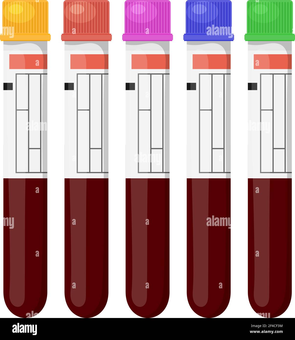 Serie di illustrazioni vettoriali di provette per analisi mediche con tappi  colorati per analisi del sangue su sfondo bianco. Provette per analisi  mediche, isolare. Sottoposto ad esami del sangue in laboratorio. Stile