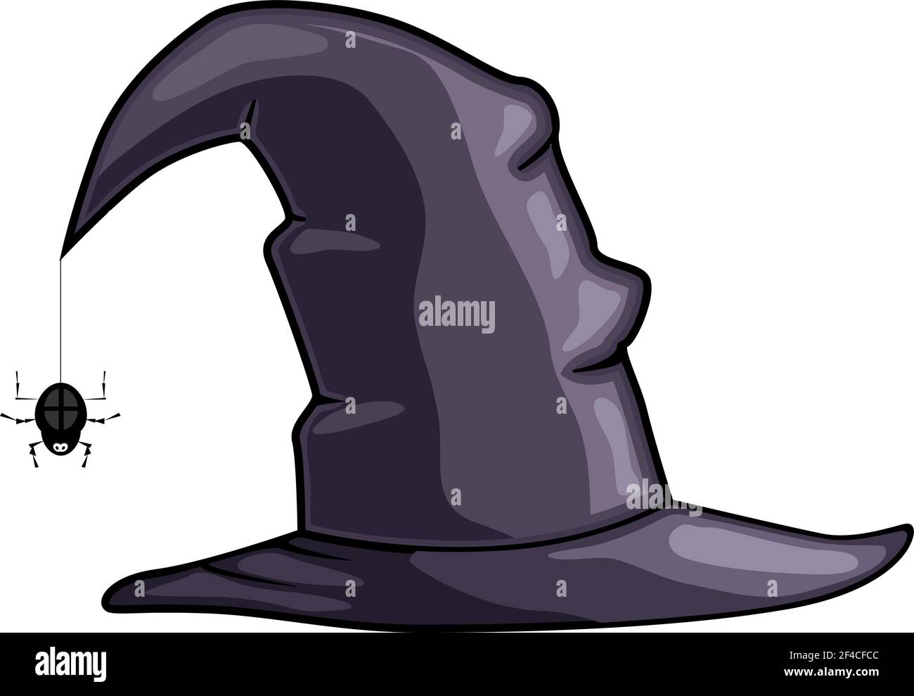 Stock Vector Cartoon cappello da strega con un ragno su un web su sfondo bianco Illustrazione Vettoriale