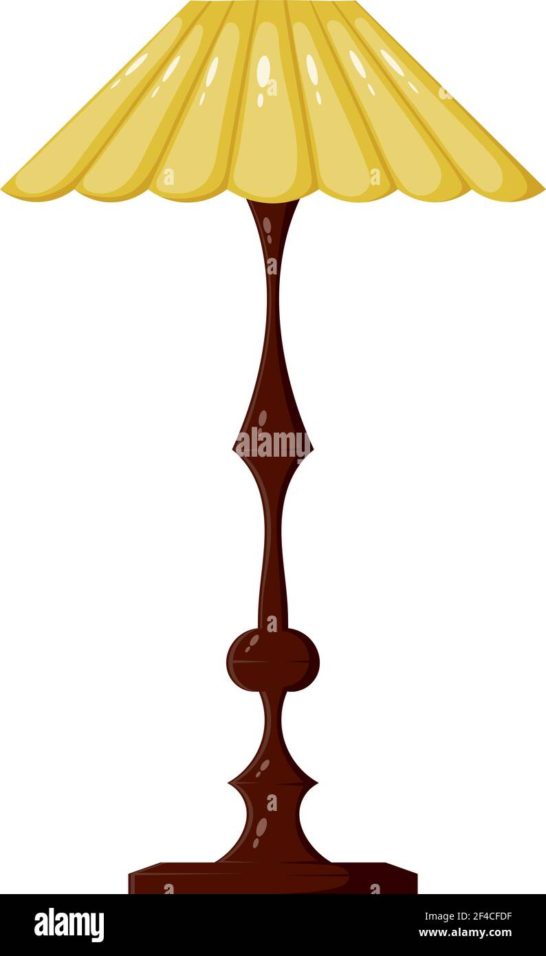 Immagine vettoriale della lampada da terra gialla su sfondo bianco. Lampada d'epoca. Lampada da terra in stile Cartoon Illustrazione Vettoriale