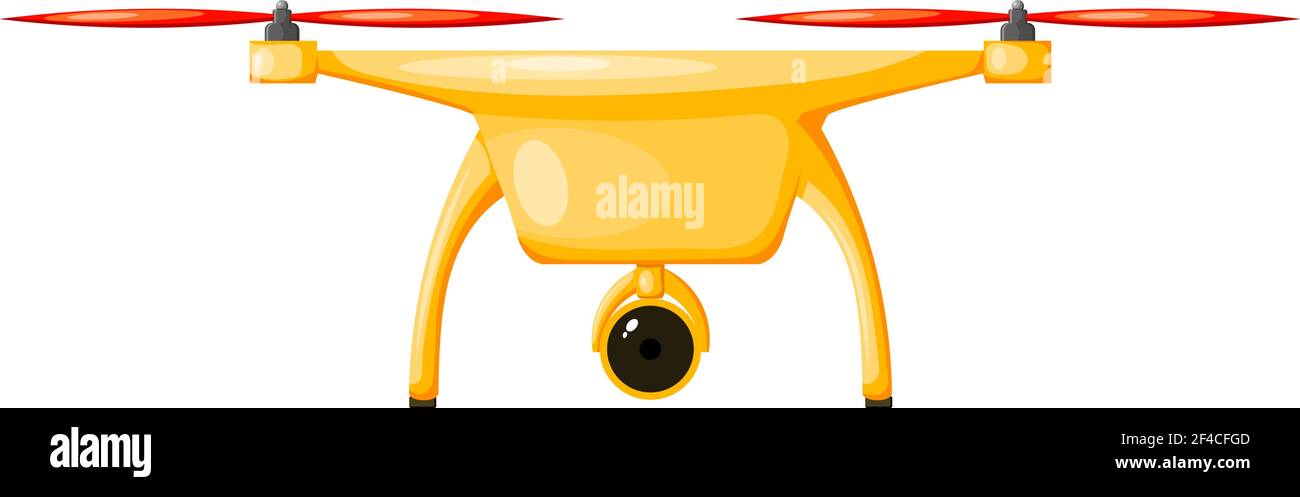 Immagine vettoriale di un drone volante di colore giallo con viti rosse. Cartoon a DRON su sfondo bianco. Illustrazione vettoriale di un DRON Illustrazione Vettoriale
