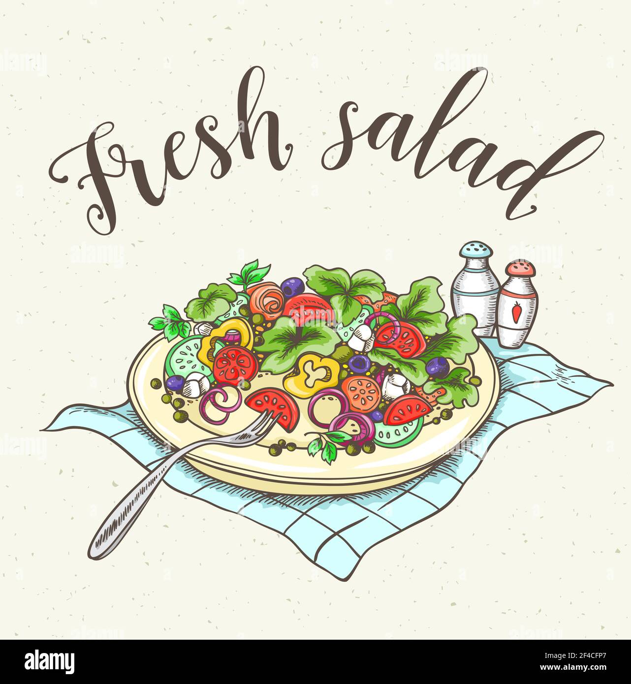 Sfondo vintage con insalata di verdure fresche su un piatto. Illustrazione vettoriale disegnata a mano. Insalata di verdure fresche su un piatto Illustrazione Vettoriale