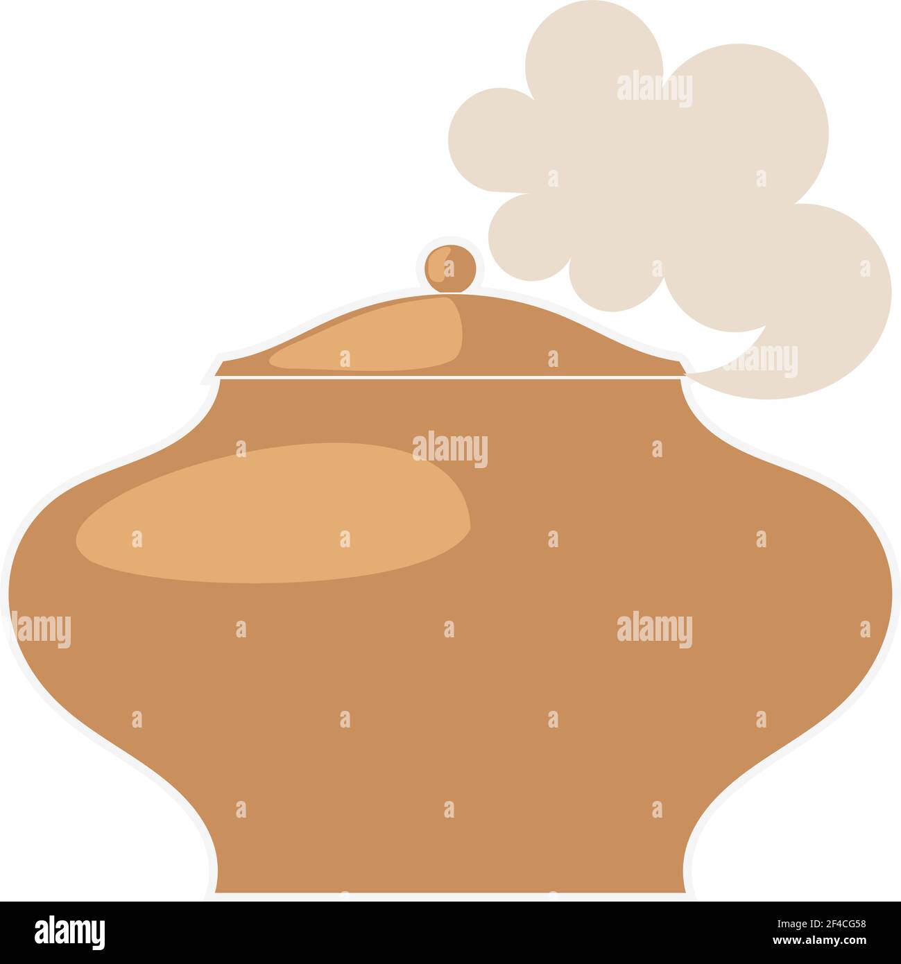 Illustrazione vettoriale di una pentola di argilla con coperchio su sfondo bianco. Pentola con vapore, stile Cartoon. Oggetti isolati utensili da cucina Illustrazione Vettoriale