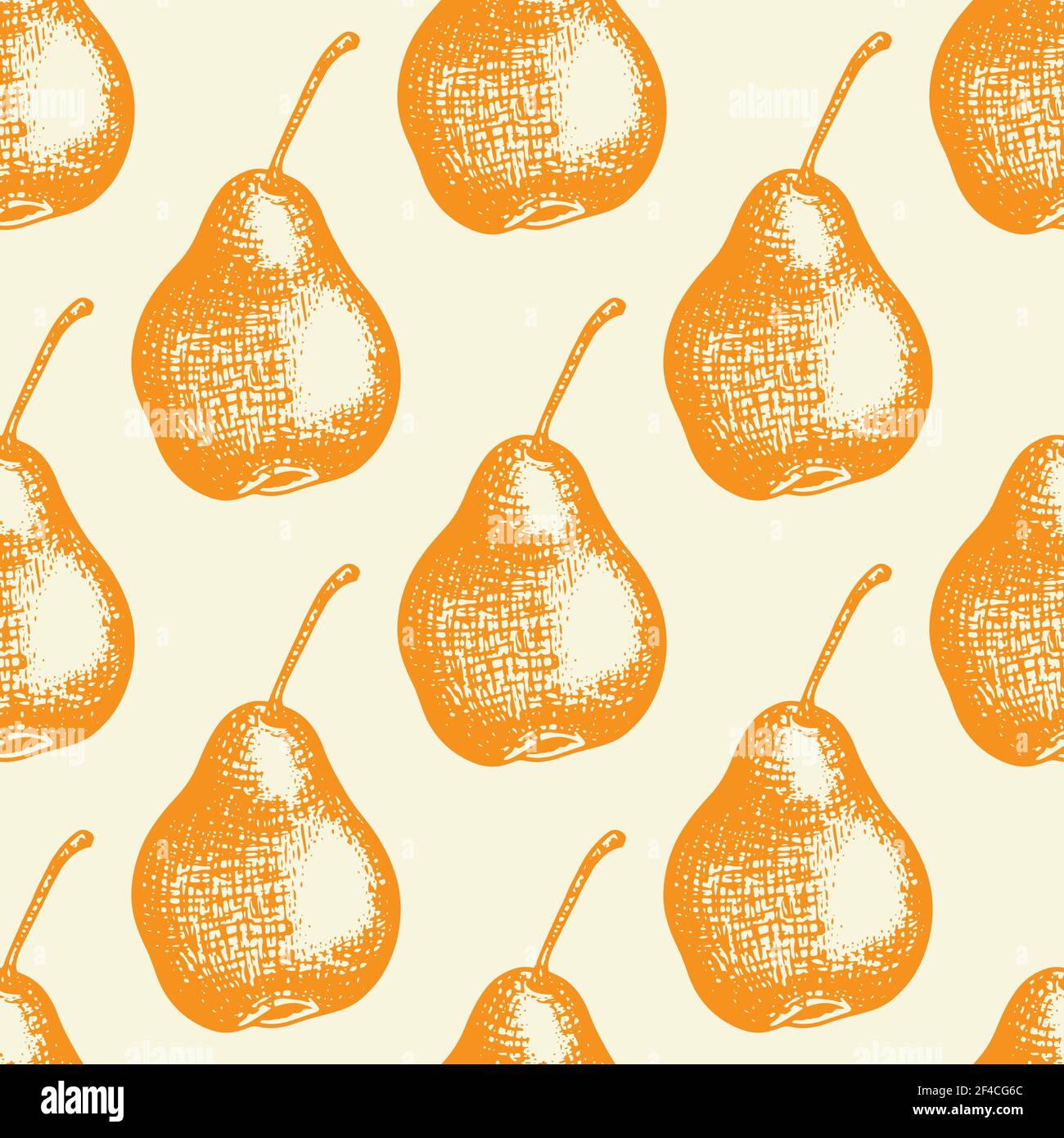 Motivo autunnale senza cuciture con pere arancioni. Sfondo vettoriale stagionale disegnato a mano con frutta in stile vintage. Illustrazione Vettoriale