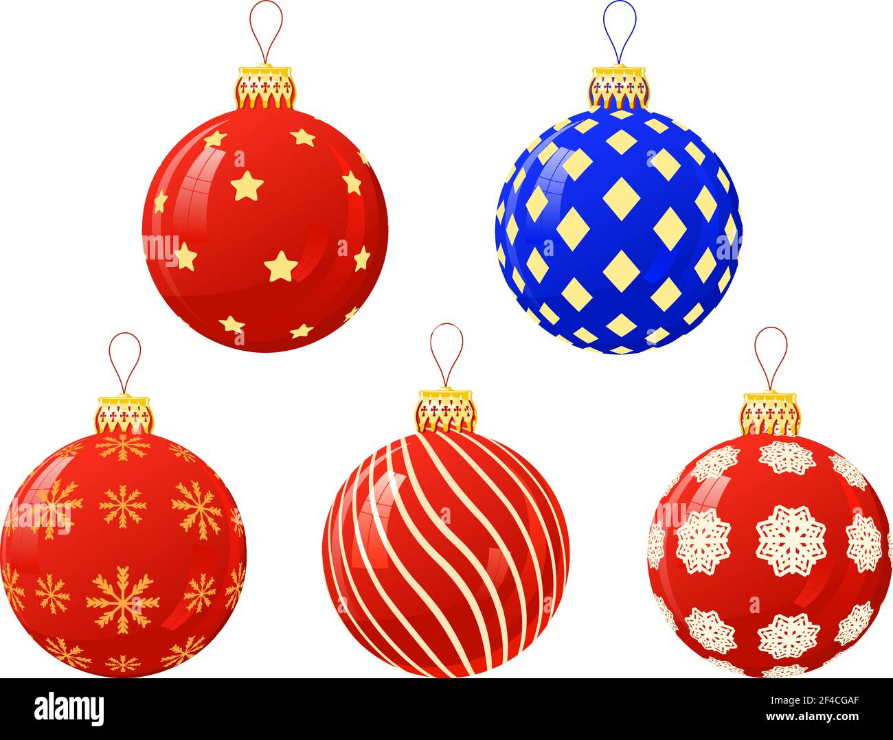 Illustrazione vettoriale di palline di Natale a colori su sfondo bianco.  Vetector palle di Natale con un cappello dorato. Palle di Natale in vetro e  ornamenti con riflessi Immagine e Vettoriale -