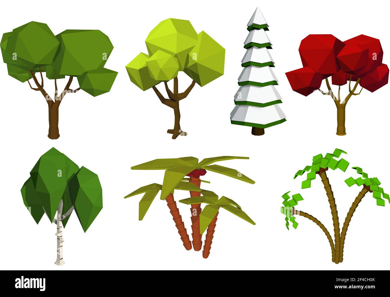 Alberi bassi di poli. Insieme vettoriale di alberi nello stile di bassi poli. Betulla, abete rosso, quercia, palma. Illustrazione vettoriale stock Illustrazione Vettoriale