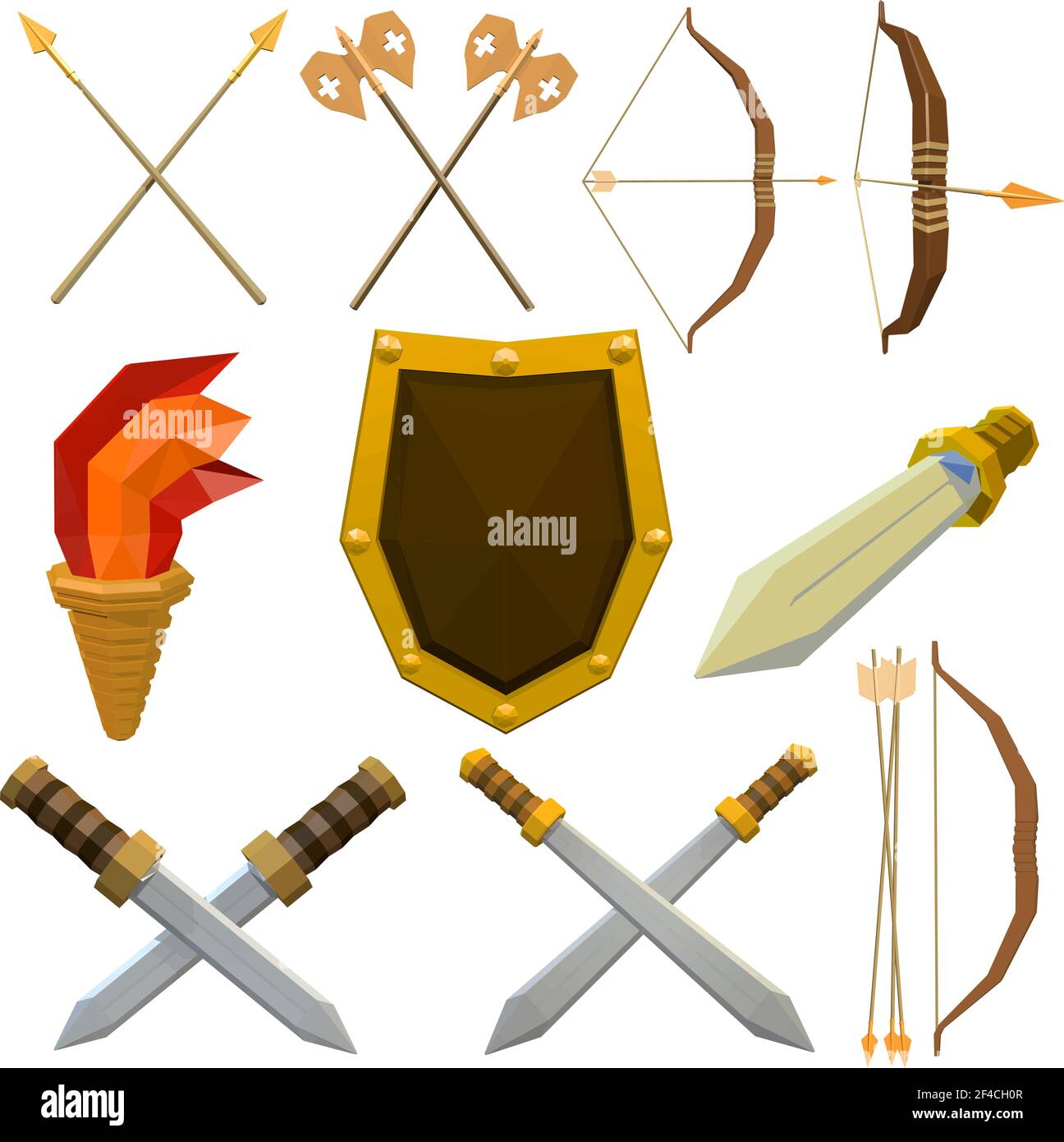 Colorato insieme vettoriale di armi medievali isolato su sfondo bianco. Cavalieri armati di poly basso. Cipolle, scudo, lancia, ascia, torcia, freccia, pugnale. Illustrazione vettoriale stock Illustrazione Vettoriale