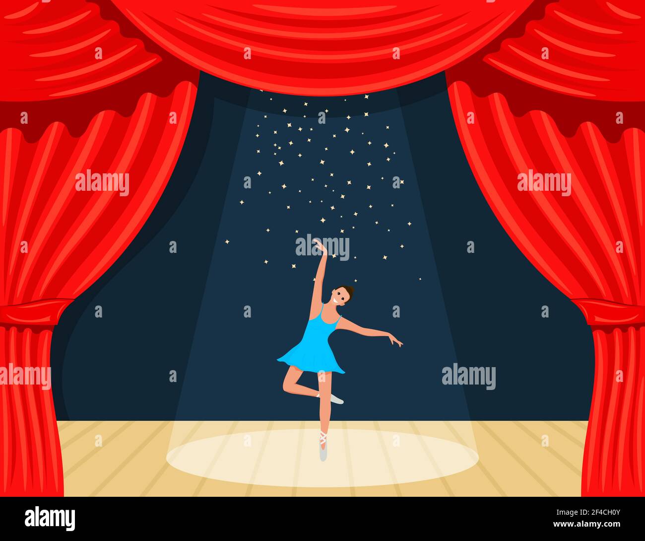 Teatro dei cartoni animati. Una tenda teatrale con proiettori di raggi, stelle e ballerina. Giovane ballerina danzante sul palco. Illustrazione vettoriale Illustrazione Vettoriale