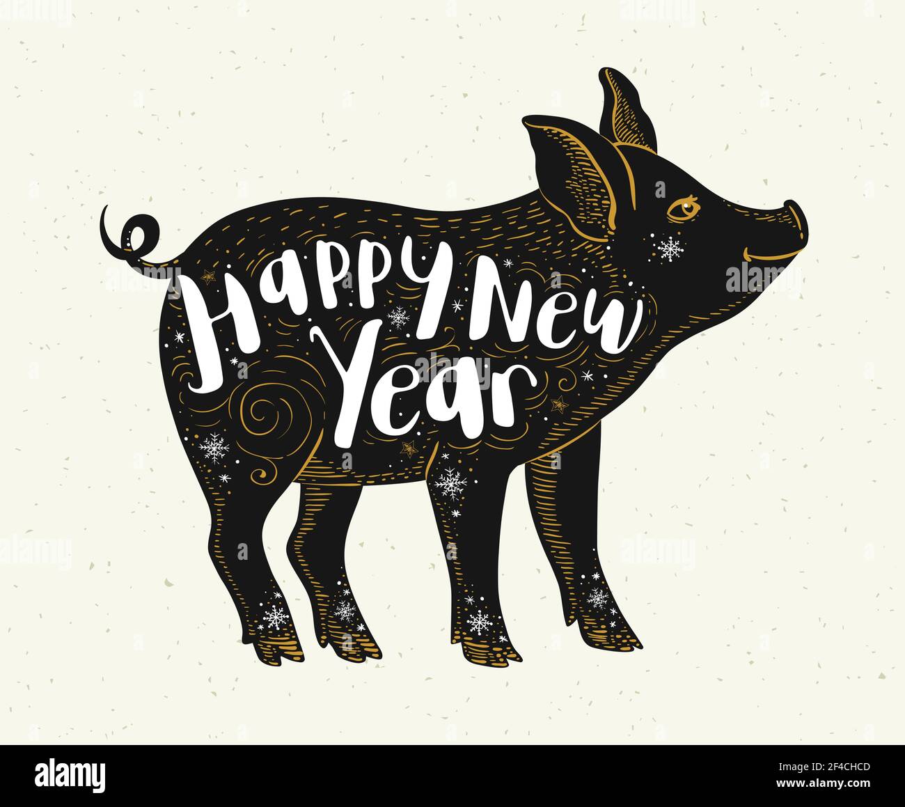 Carino maiale simbolo di zodiaco cinese per il 2019 nuovo anno. Silhouette nera di maiale e lettere. Illustrazione vettoriale disegnata a mano Illustrazione Vettoriale