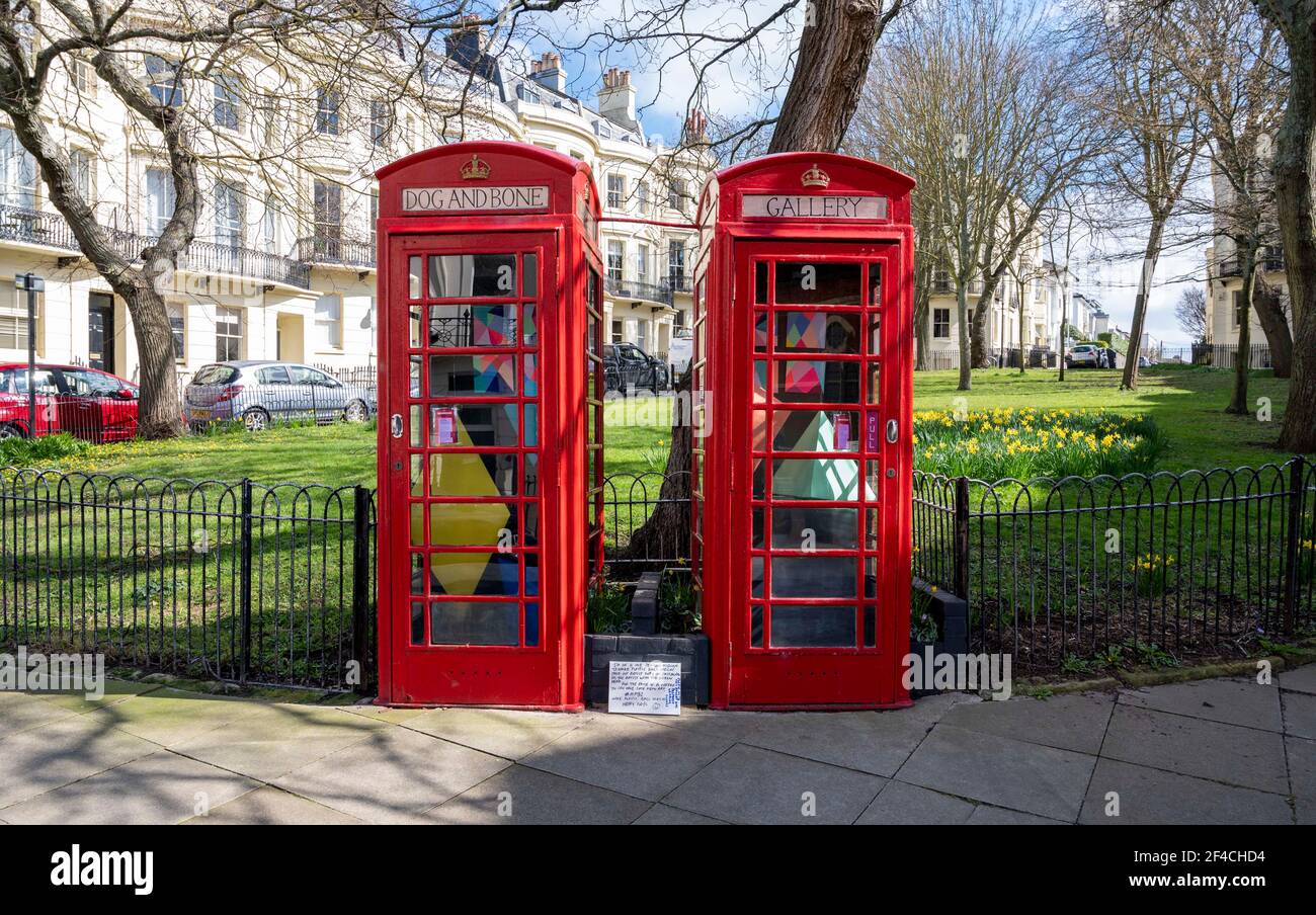 Brighton UK 20 marzo 2021 - la galleria d'arte del cane e delle ossa a Powis Square Brighton in una calda giornata di primavera lungo la costa meridionale . Questa settimana mostra all'interno delle vecchie scatole telefoniche rosse convertite, che sono il più piccolo spazio artistico di Brighton è da artista contemporaneo e illustratore, Amber Elise : Credit Simon Dack / Alamy Live News Foto Stock
