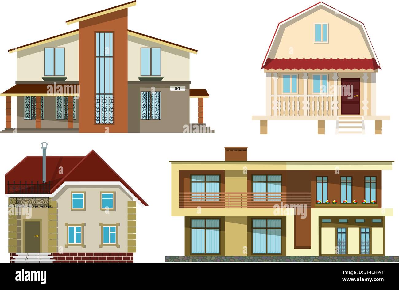 Set Cartoon piccole case rurali accoglienti su sfondo bianco. Illustrazione vettoriale Illustrazione Vettoriale