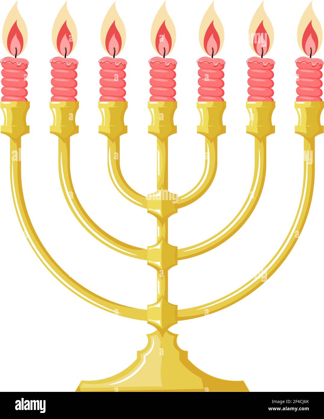 Illustrazione vettoriale di una menorah con candele rosse su sfondo bianco. Immagine cartoon della menorah ebraica. Stile cartone animato. Oggetto della religione ebraica Illustrazione Vettoriale