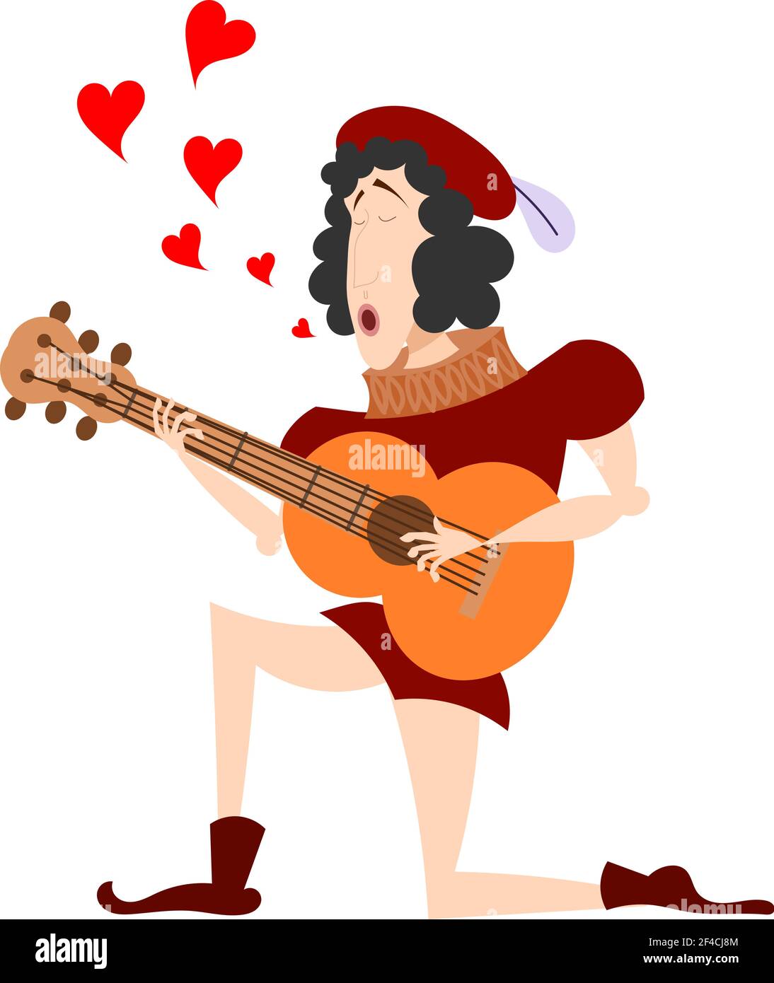 Immagine a colori di una chitarra medievale su un ginocchio. Il cantante con una serenata di chitarra. Simbolo dell'amore, San Valentino&rsquo;s Day. Illustrazione vettoriale stock Illustrazione Vettoriale