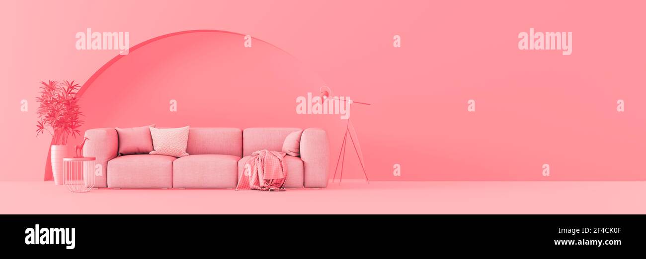 Design creativo degli interni in studio rosa con comodo divano. Moderno salotto minimal concept 3d rendering illustrazione 3d Foto Stock