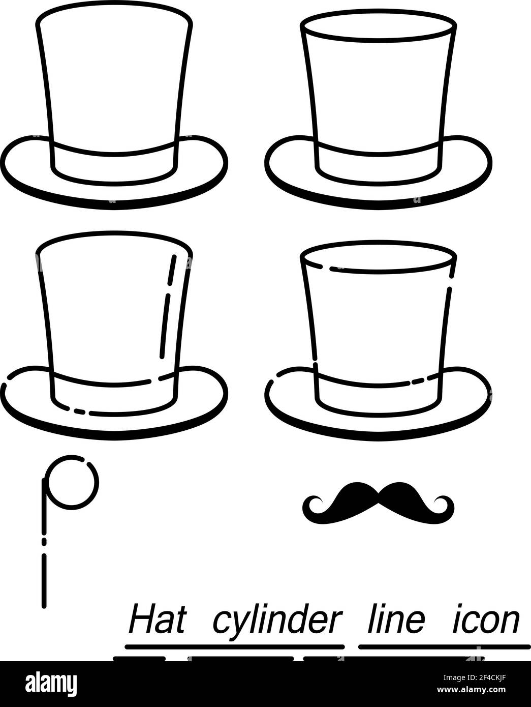 Set di gentleman - cappelli, baffi, monocolo in uno stile lineare. Icona linea. Isolato su sfondo bianco. Illustrazione vettoriale. Illustrazione Vettoriale