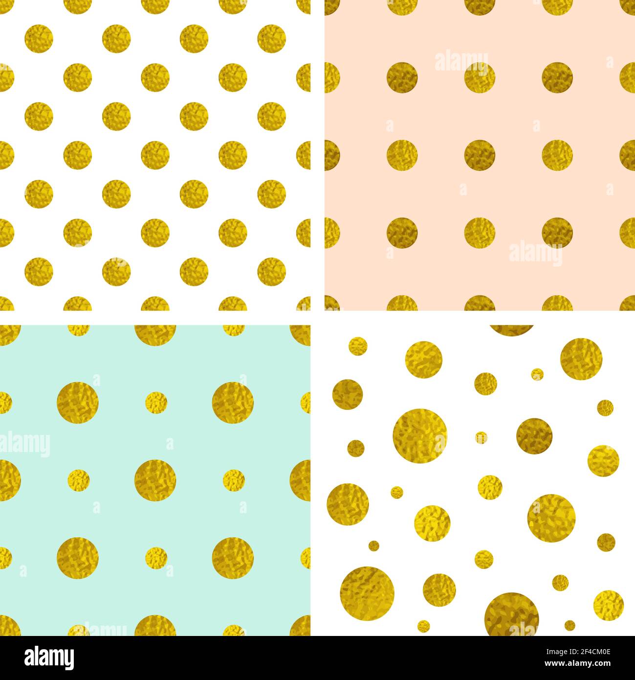 Set di vettore polka dot seamless patterns con cerchi d'oro. Abstract decorativi sfondi di festa. Illustrazione Vettoriale