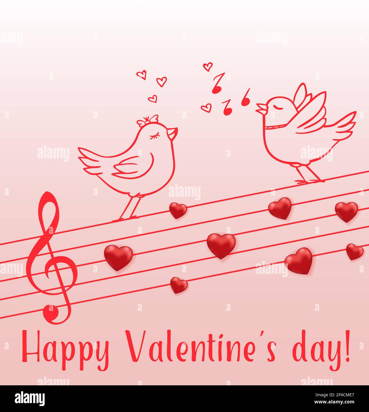 Note musicali di cuori rossi e coppie di uccelli d'amore su sfondo rosa. Biglietto d'auguri per San Valentino&rsquo;s giorno. Illustrazione vettoriale. Illustrazione Vettoriale